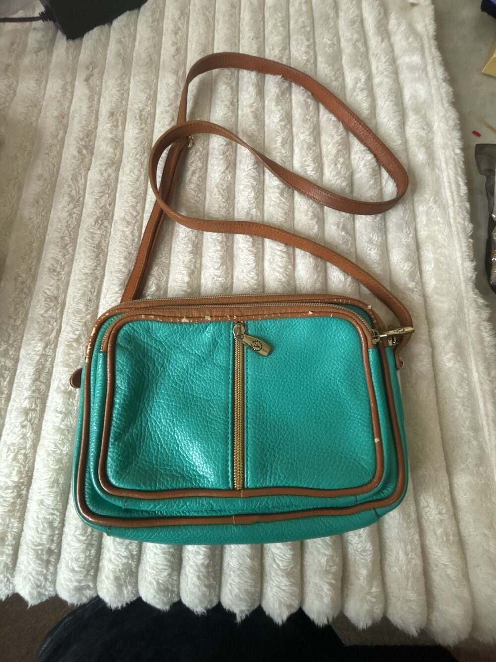 Valentina Turquoise Pebbled Italian Leather Crossbody Bag with Brown Trim